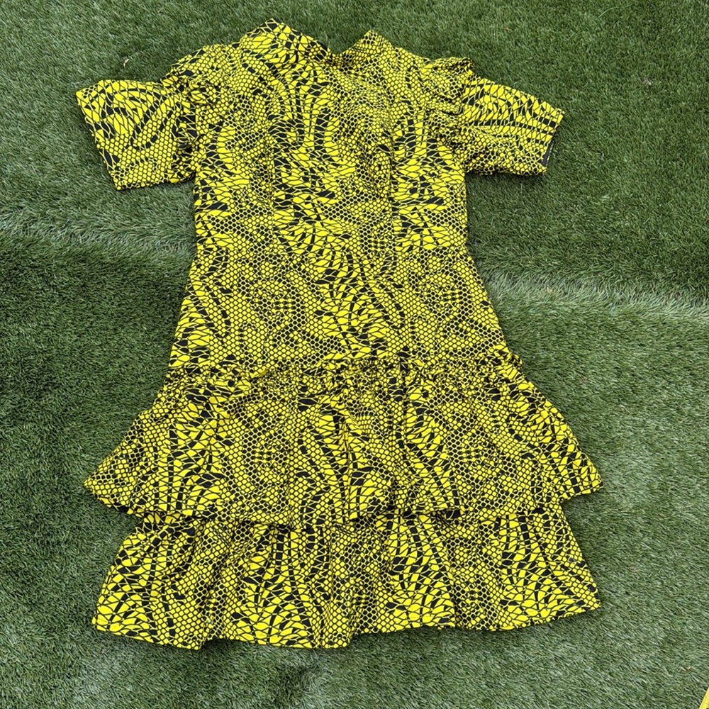 100% unique, vibrant, vintage, handmade, yellow, and black snake print dress